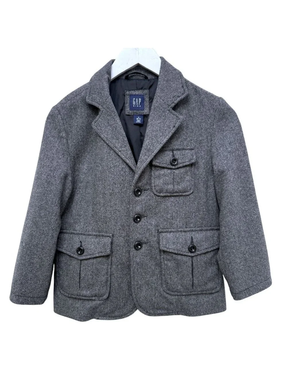 GAP Boys Herringbone Blazer Gray Tweed Small Size 6-7 Wool Blend Jacket Preppy